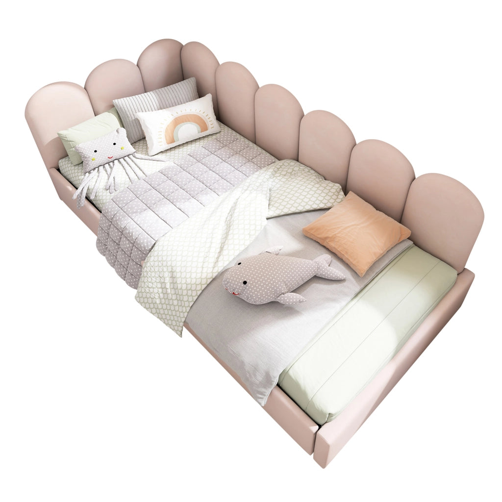 Letto divano singolo 90 × 200 cm con 2 cassetti contenitore; senza materasso; in velluto rosa e schienale imbottito