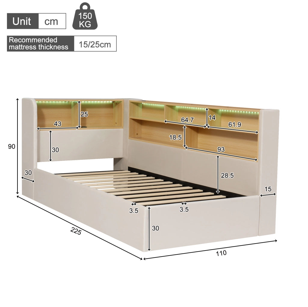 Letto giorno 90x200 cm in velluto beige con contenitore idraulico, LED, USB e schienale integrato