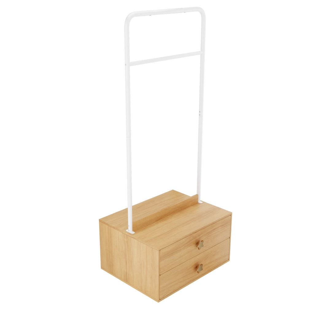 Appendiabiti per bambini con 2 cassetti, maniglie a stella, struttura in legno 70×55×168 cm, colore legno