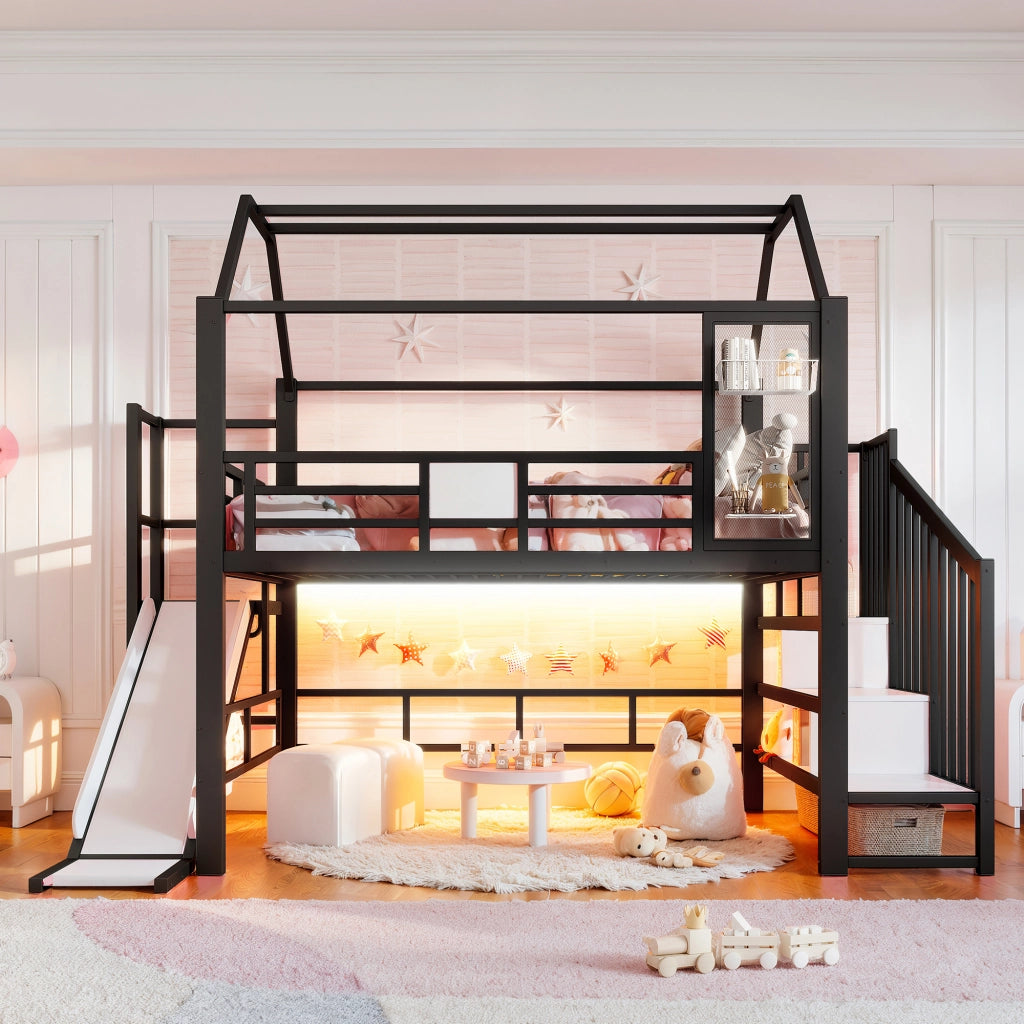 Letto a soppalco 140 × 200 cm con scivolo scala con ripiani e LED Bluetooth in MDF e metallo nero per bambini