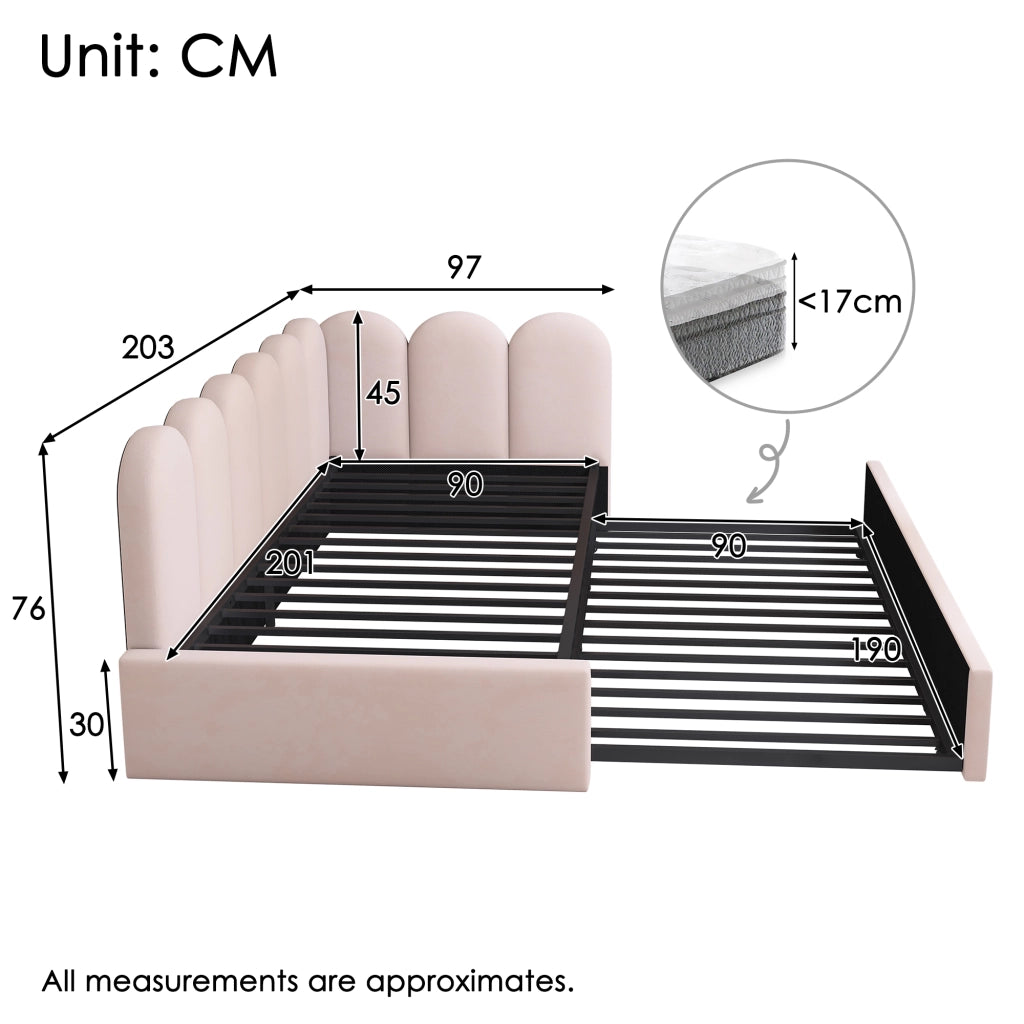 Letto da giorno 90x200 cm con letto estraibile 90x190 cm in velluto rosa