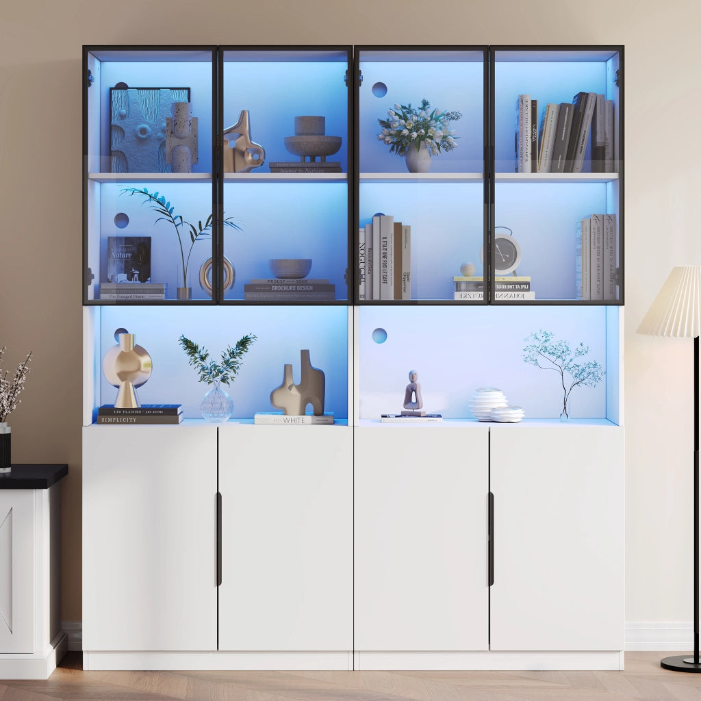 Vetrina con ante in vetro e LED controllata da app in pannello truciolare bianco con vetro temperato 160 × 30 × 200 cm