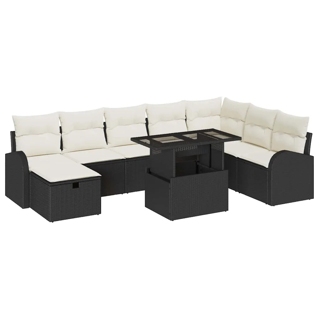 Set Divano da Giardino con cuscino 9 pcs Nero Poly Rattan