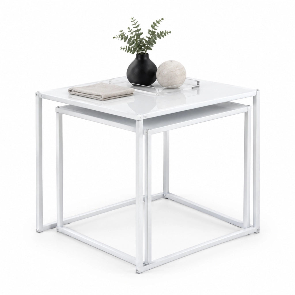Tavolini bassi fissi set da 2 quadrati con struttura in acciaio bianco portata 10 kg per tavolo