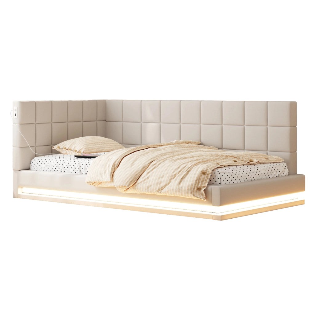 Divano letto imbottito 90x200 cm beige con LED e USB