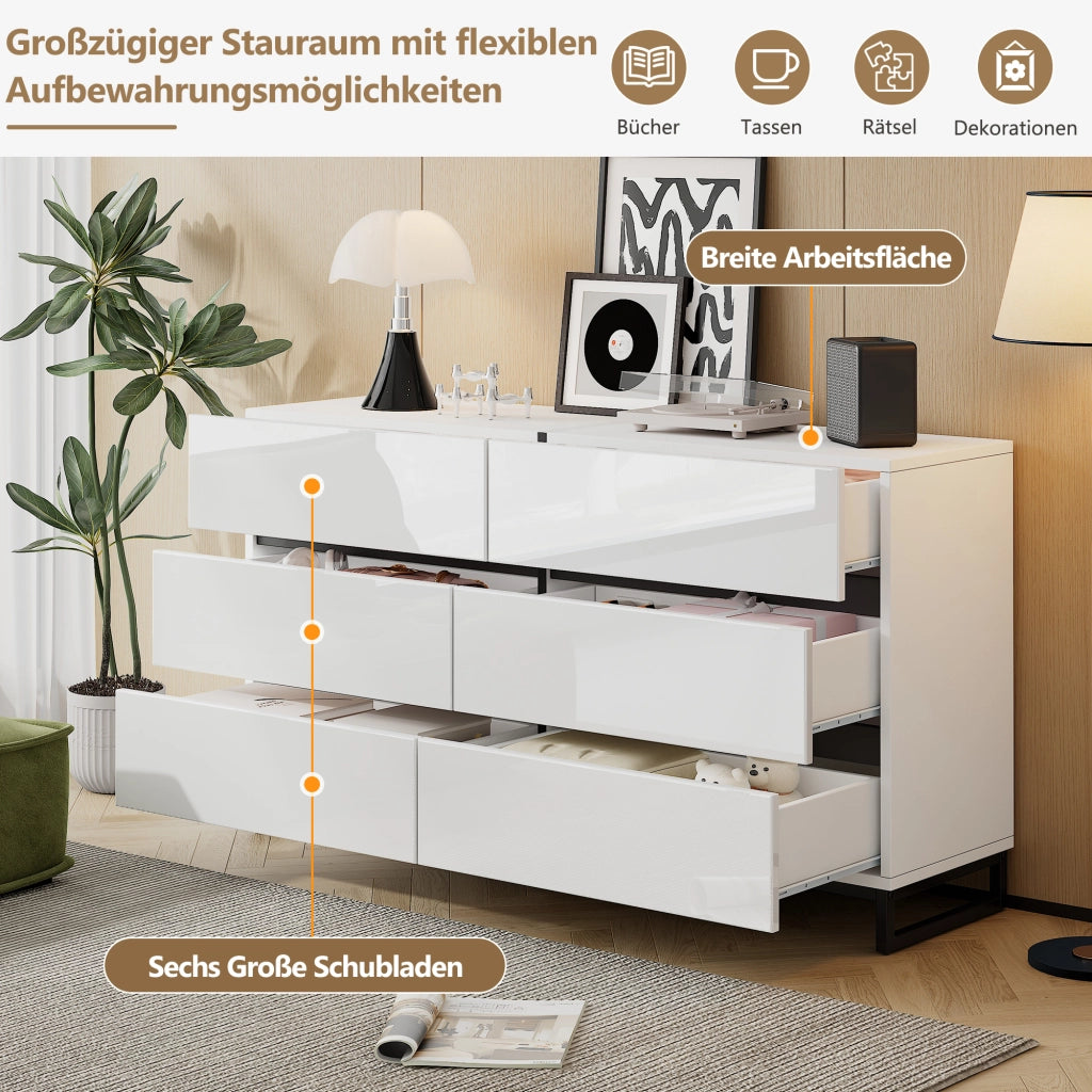 Credenza per soggiorno con 6 cassetti frontali lucidi e gambe in metallo bianca e nera 140 × 39.5 × 78.5 cm