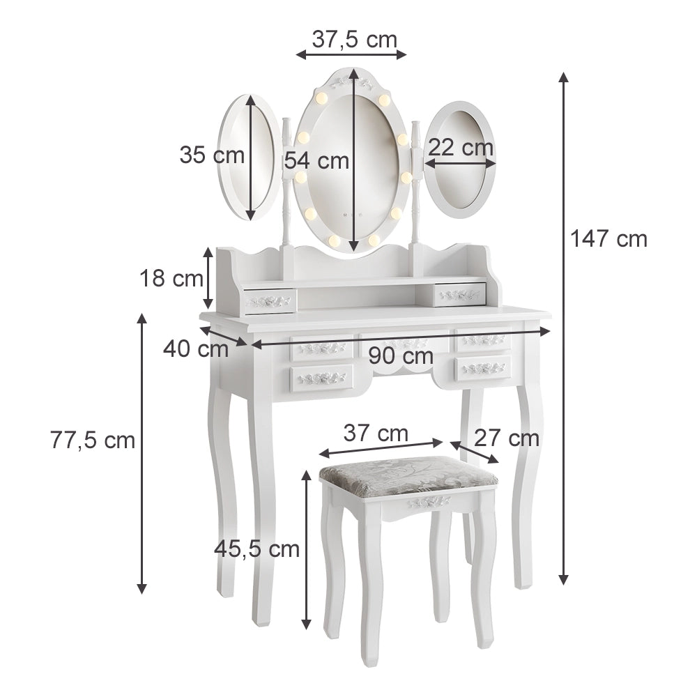 Vicco Tavolo da toeletta Bianco 90 cm con illuminazione e sgabello