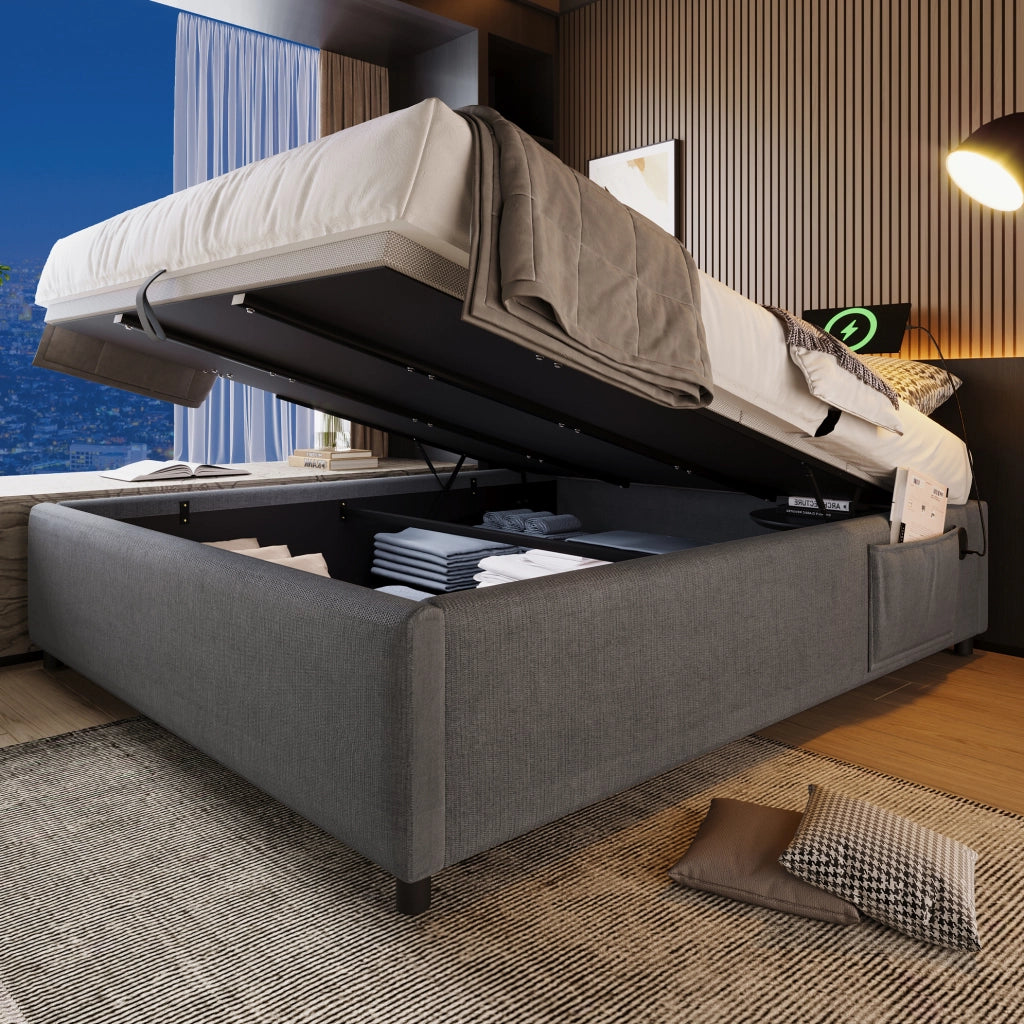 Letto contenitore 140 x 200 cm grigio con USB e porta Type-C