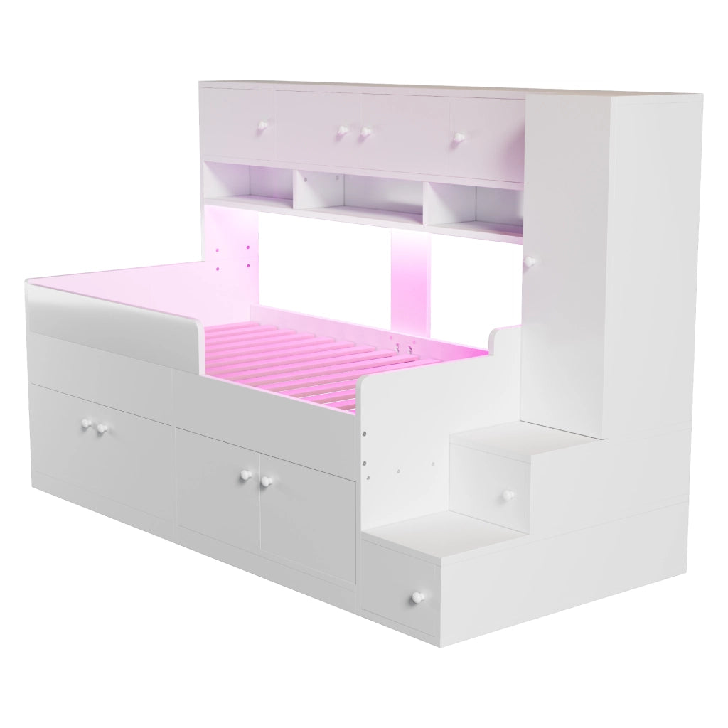 Letto a cabina bambino 90×200 cm con armadio, ripiani, scala contenitore e LED, senza materasso, legno, bianco