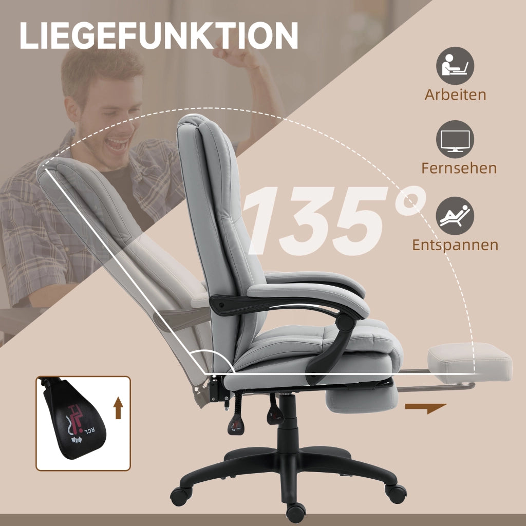 Sedia da ufficio ergonomica con massaggio; schienale reclinabile; poggiapiedi e rotazione 360° in similpelle - grigio chiaro
