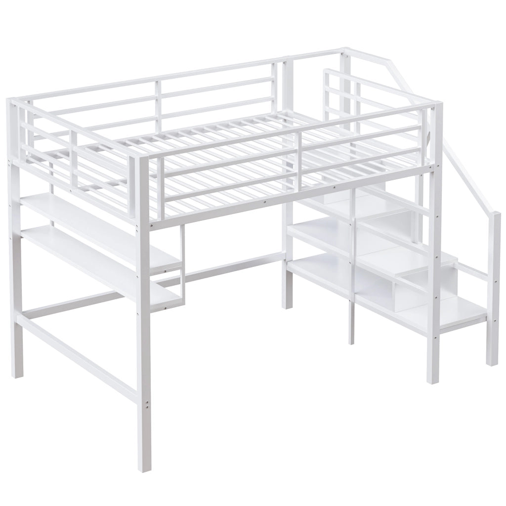 Letto a soppalco per bambini 140 × 200 cm 1 posto con mensole; scala contenitore e spazio gioco; senza materasso; bianco