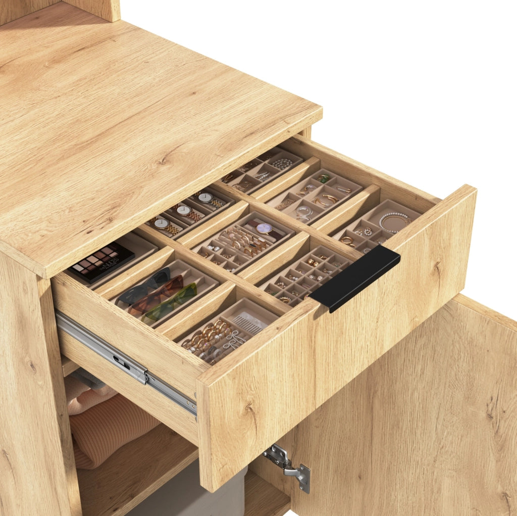 Set guardaroba con LED, appenderia, cassetto porta gioielli e 2 ripiani in MDF effetto quercia 45x47x200 cm per ingresso e soggiorno