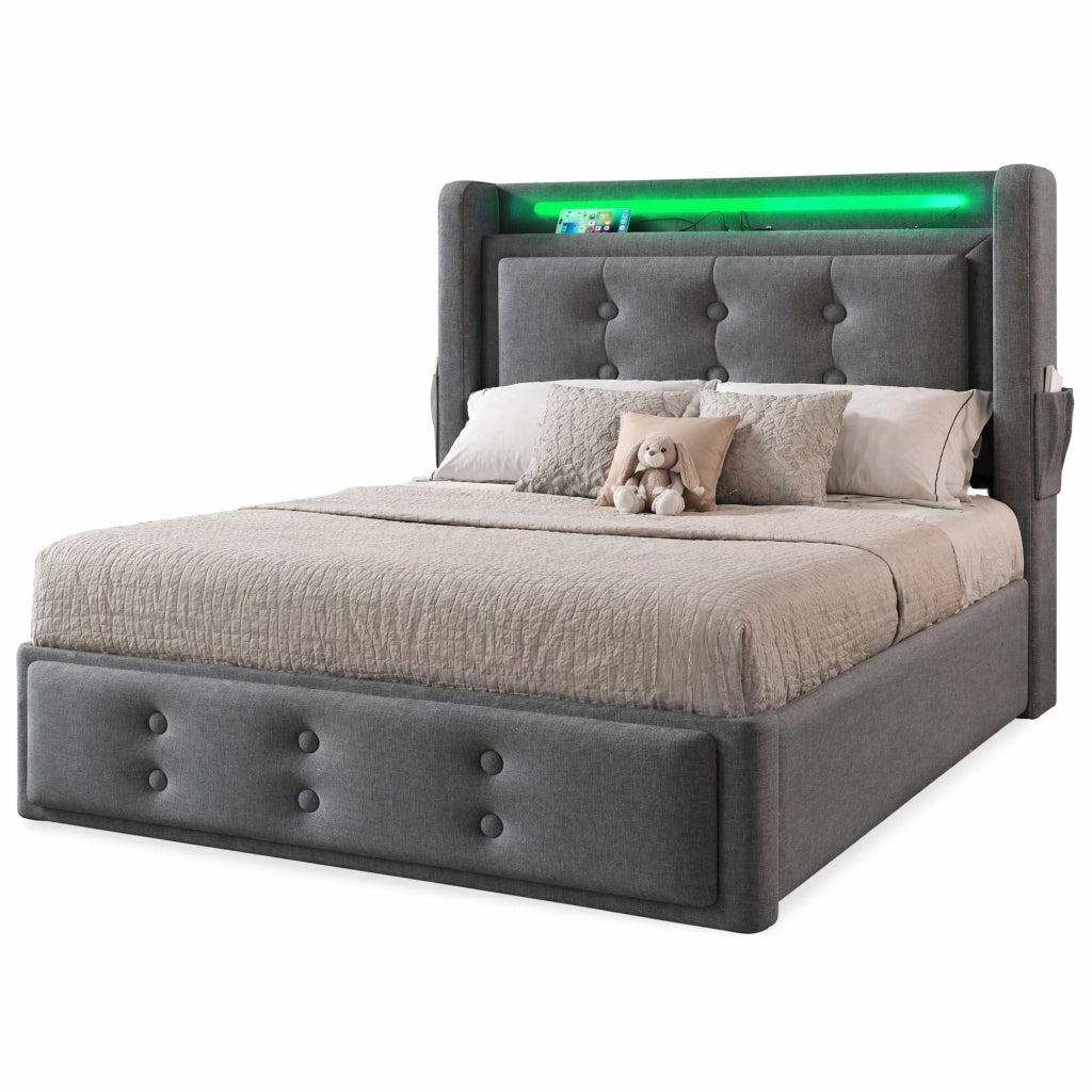 Letto singolo 90x200 cm con contenitore; LED e USB-C; in cotone e lino; grigio