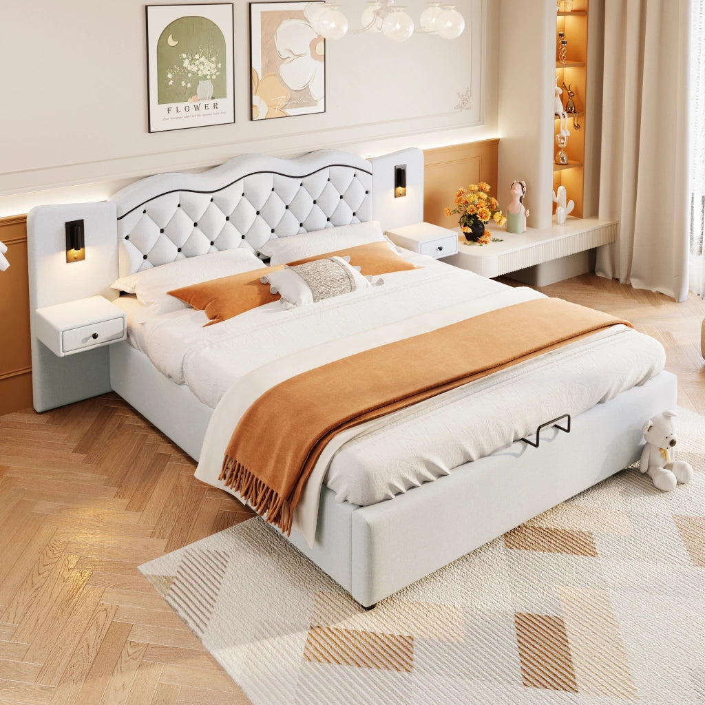 Letto matrimoniale imbottito 180x200 cm con contenitore; luci integrate e prese USB; beige
