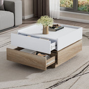 Tavolino da caffè 60x60x38 cm; girevole 360°; con cassetti; truciolare bianco e noce