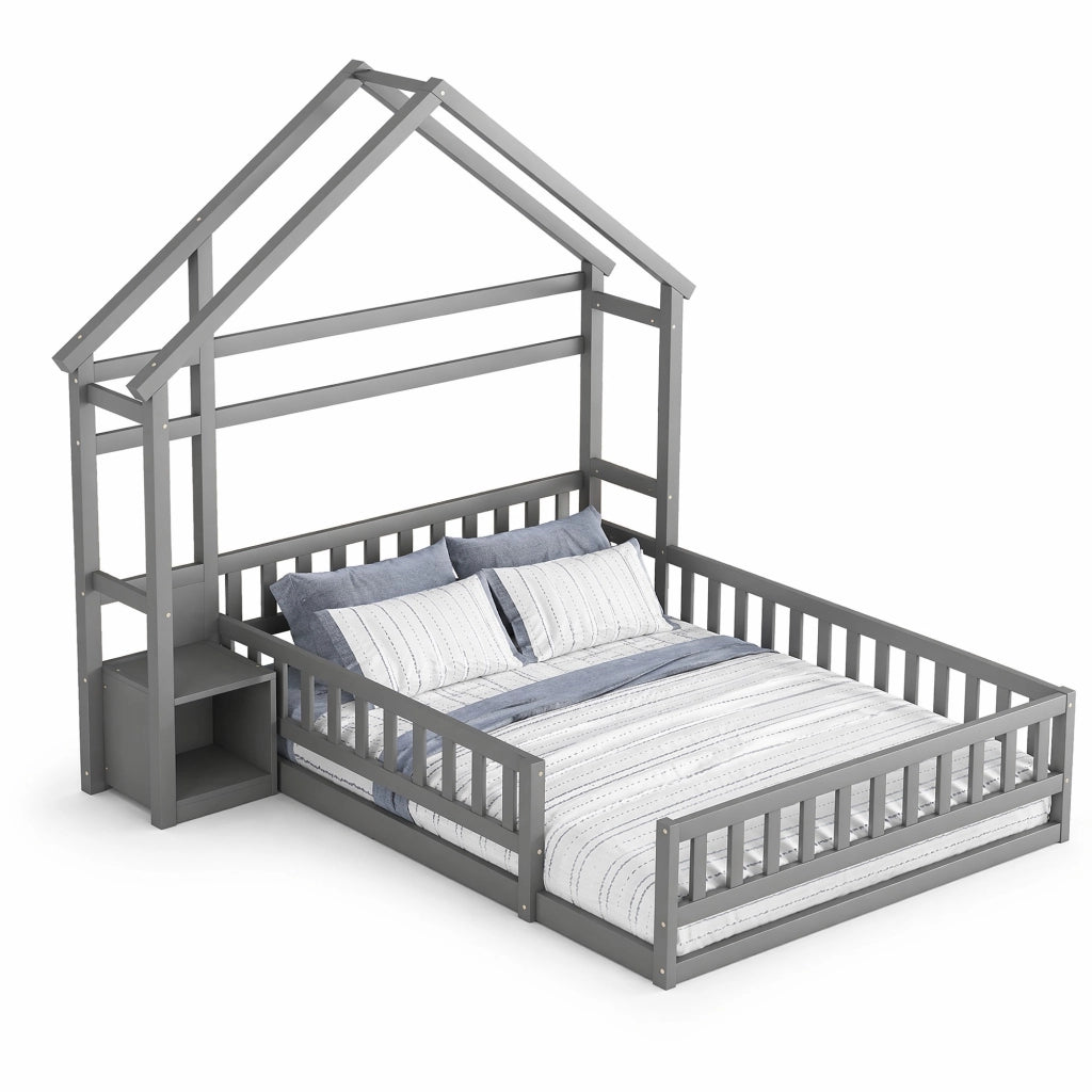 Letto a casetta 140 × 200 cm con barriera e comodino in legno e MDF grigio