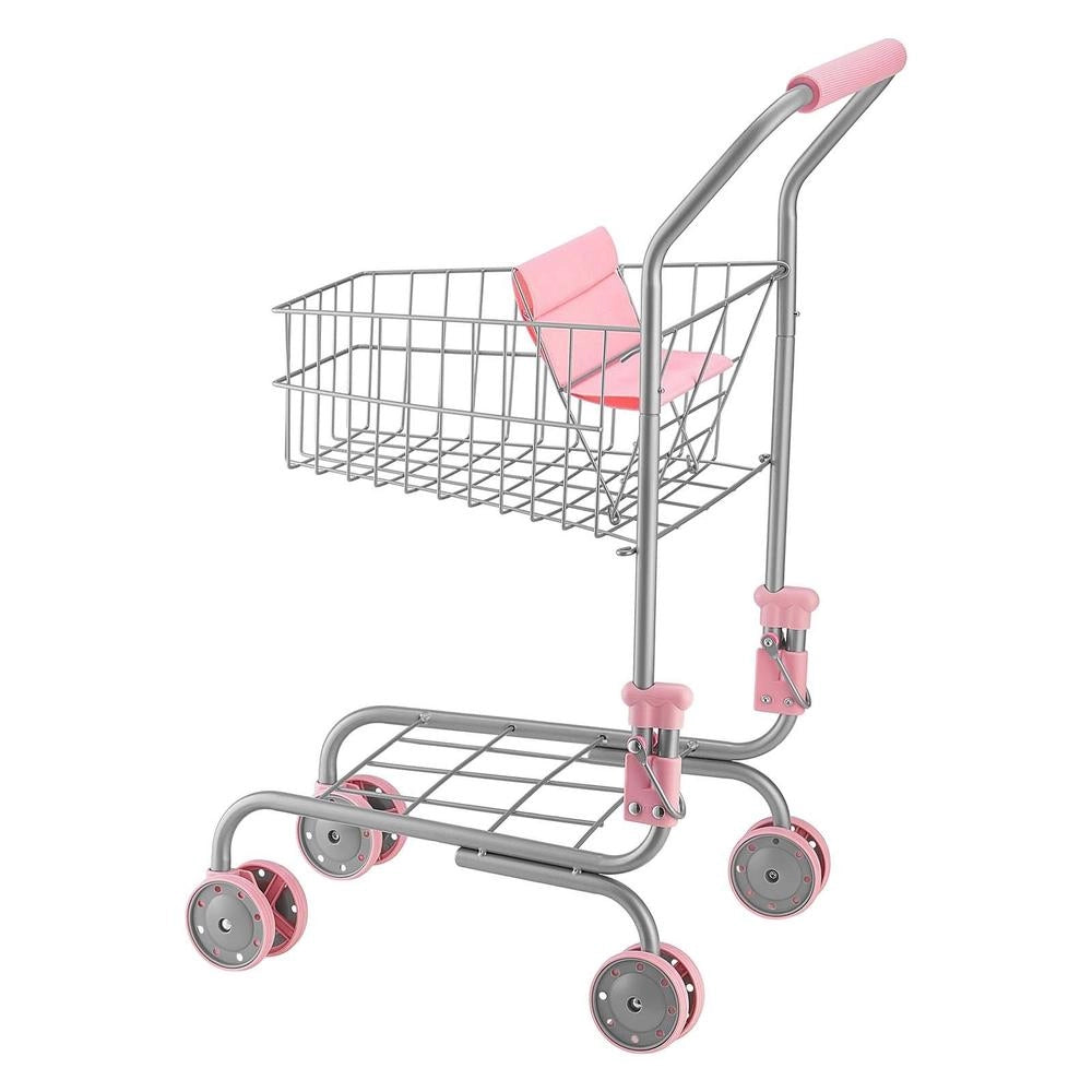 Carrello Spesa Giocattolo Bambini 3+ Anni Metallo Sedile Bambole Ruote Cestino a Rete Gioco Negozio