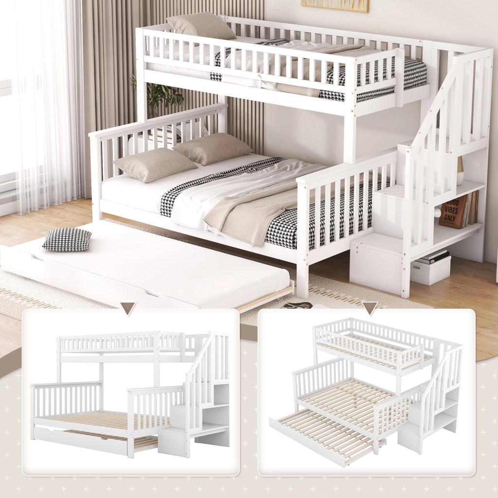Letto a castello 90 × 200 cm e 140 × 200 cm con letto estraibile, mensole e scala, senza materasso, in pino bianco