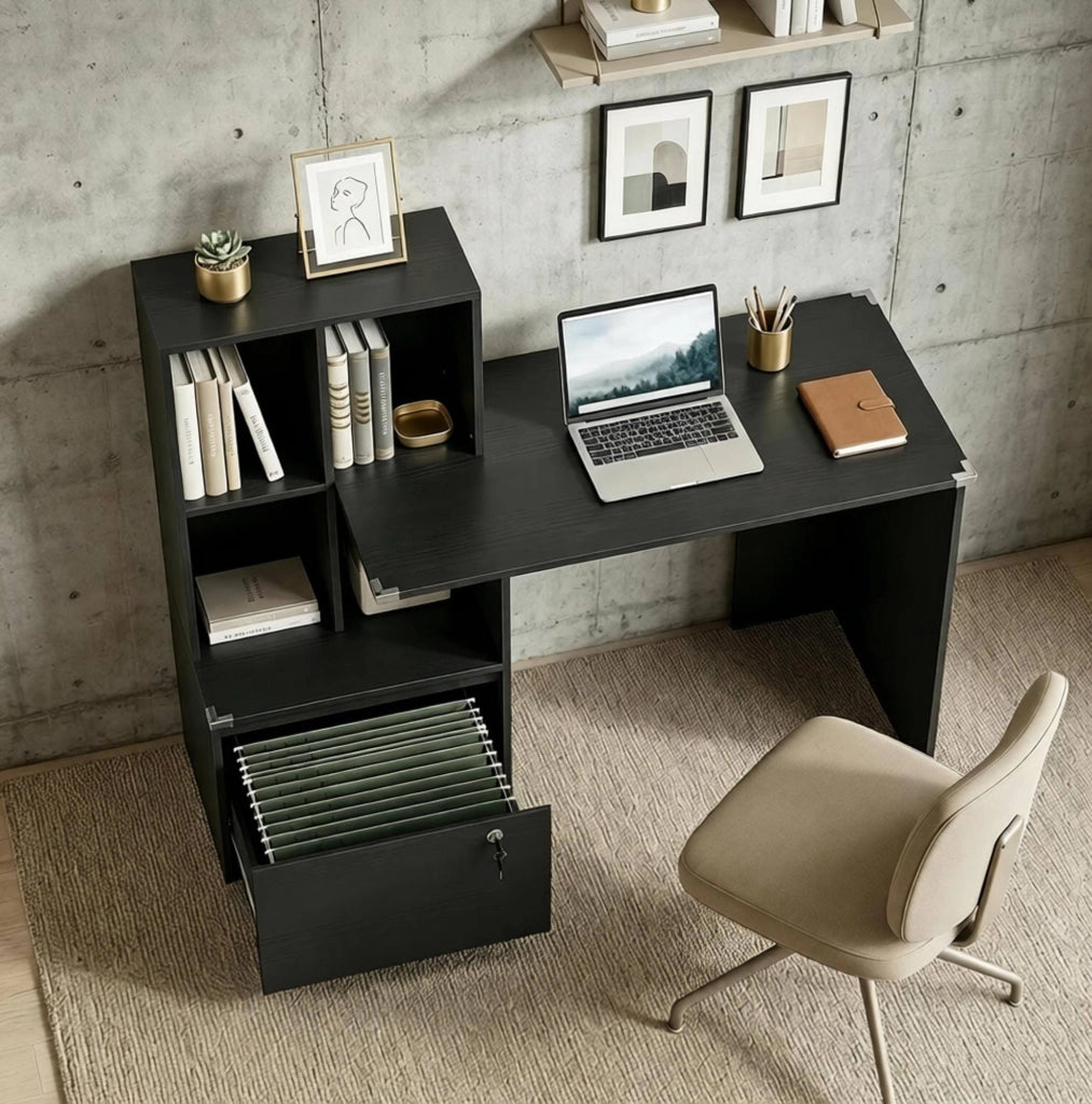 Scrivania per computer nera con libreria e cassetto chiudibile