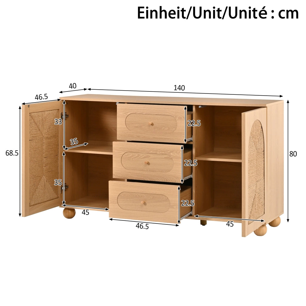 Credenza con due ante e tre cassetti 140 x 40 x 80 cm; intreccio di corda; MDF e truciolare; naturale