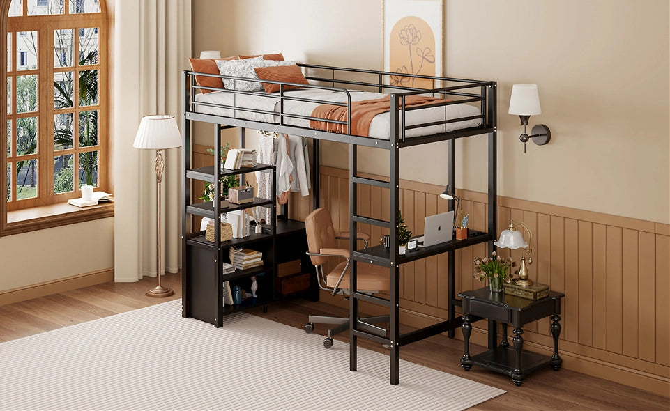 Letto a soppalco 90x200 cm in metallo con scrivania, prese USB e ripiani, colore nero