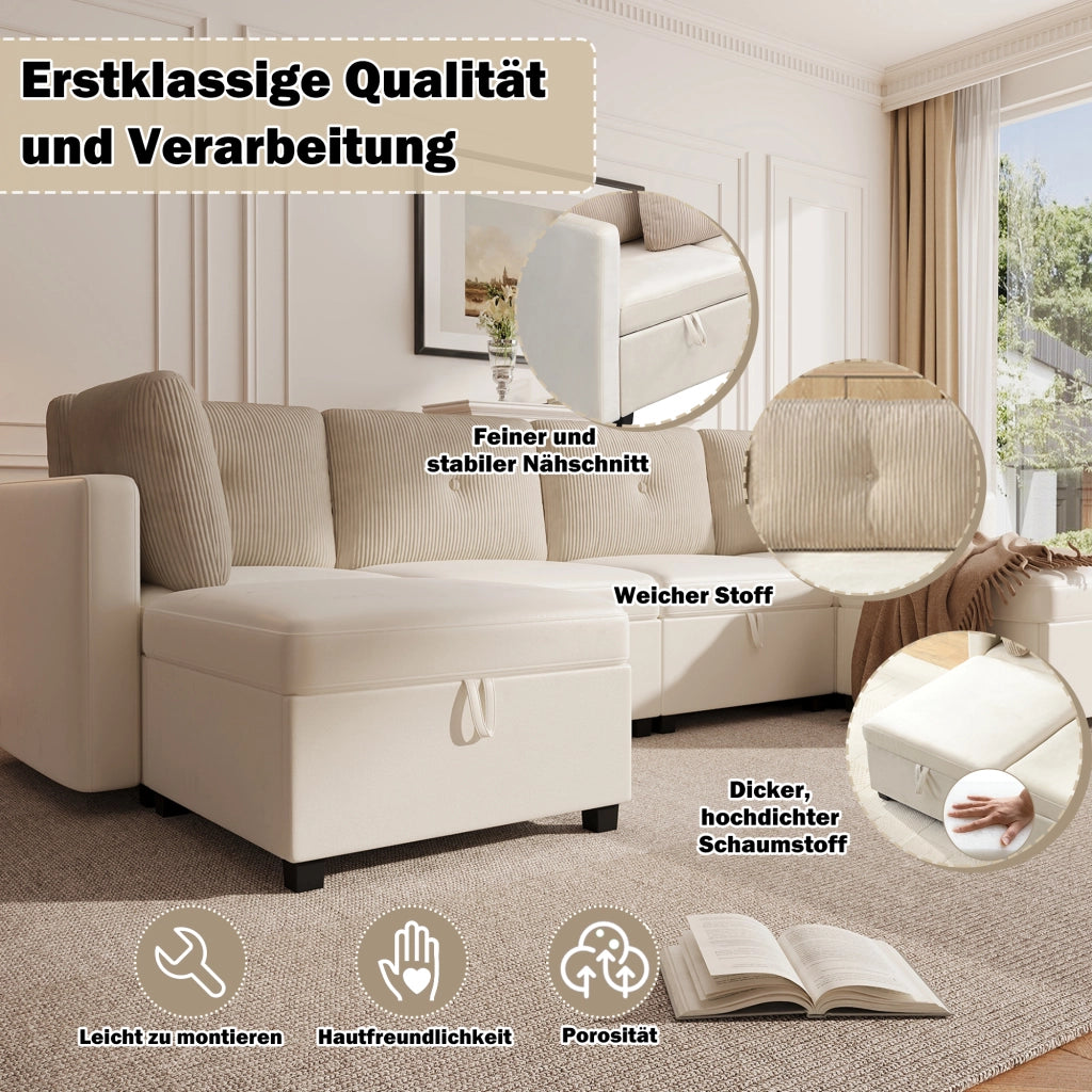 Divano modulare a U 6 moduli con contenitore e cuscini; in velluto e corduroy beige