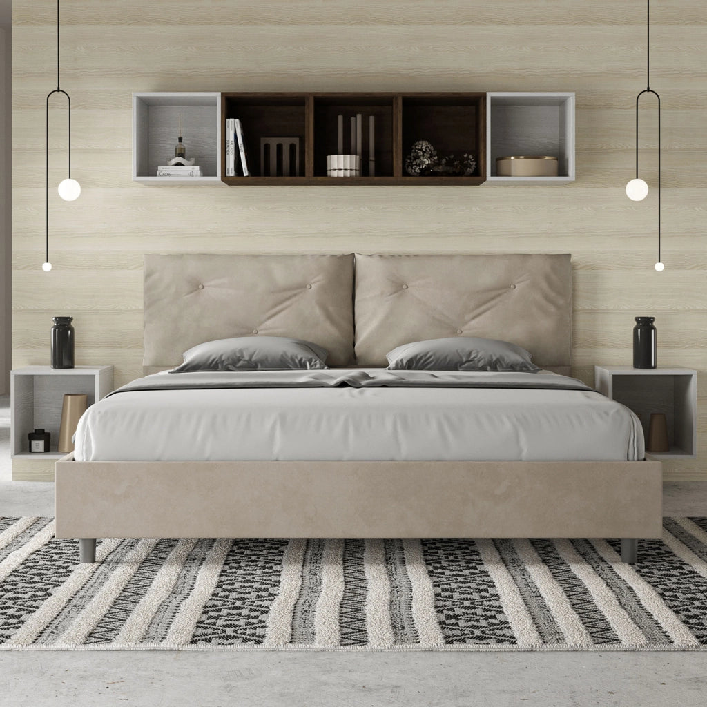 BS COM Letto matrimoniale king size con rete imbottito 190x210 microfibra sabbia Large