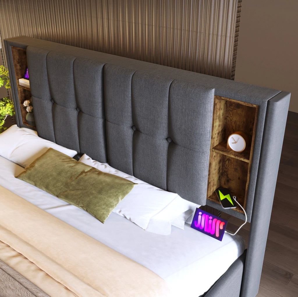 Letto imbottito 140x200 cm con contenitore; ricarica wireless; USB e Type-C; grigio