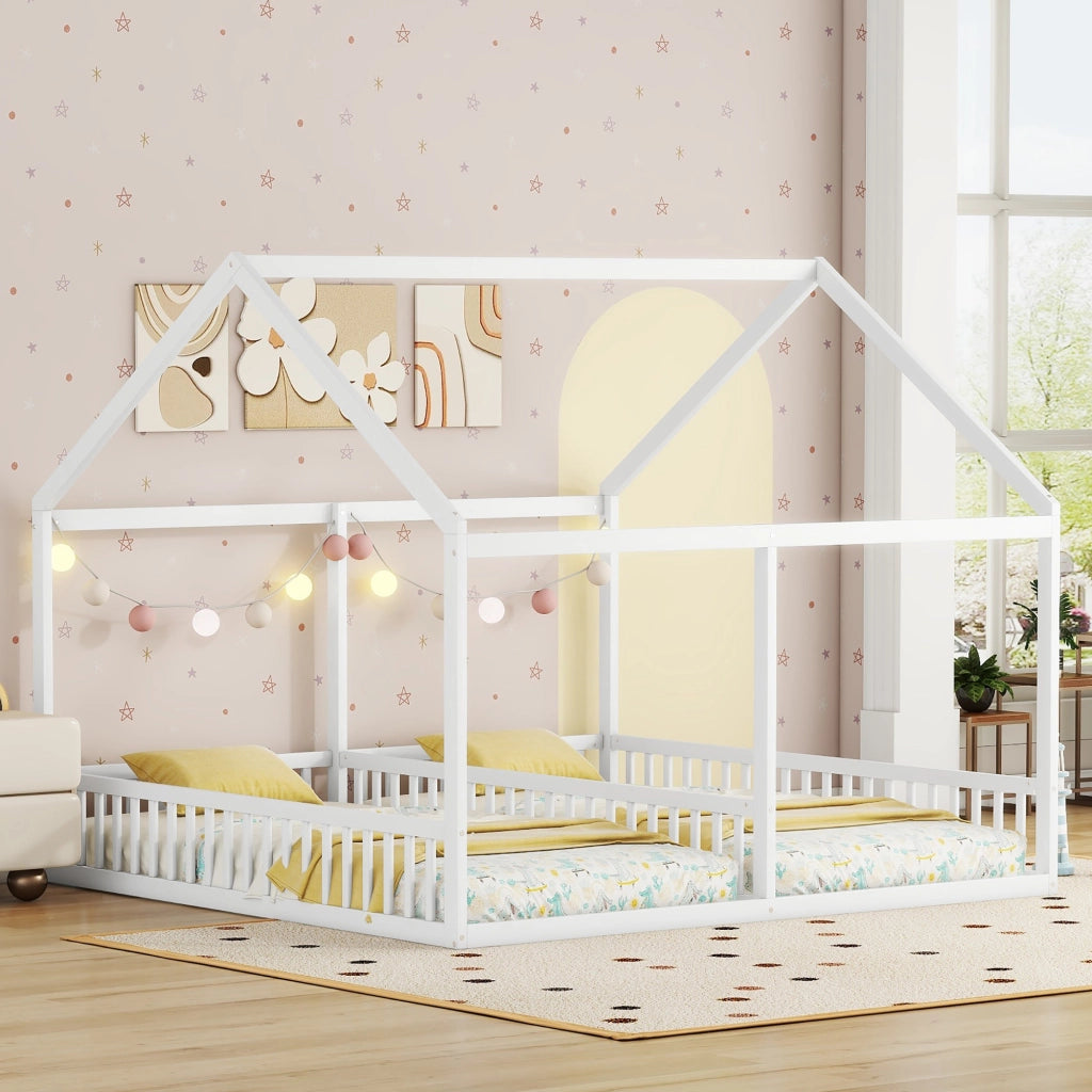Letto a casetta per bambini 90 × 200 cm e 90 × 200 cm 2 posti con barriere; senza materasso; bianco