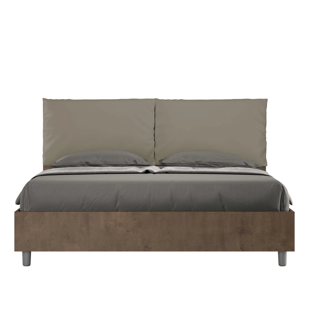 Letto Matrimoniale 160x200 cm con Rete e Contenitore Struttura Noce con Cuscini in Similpelle Egos Antea Cappuccino