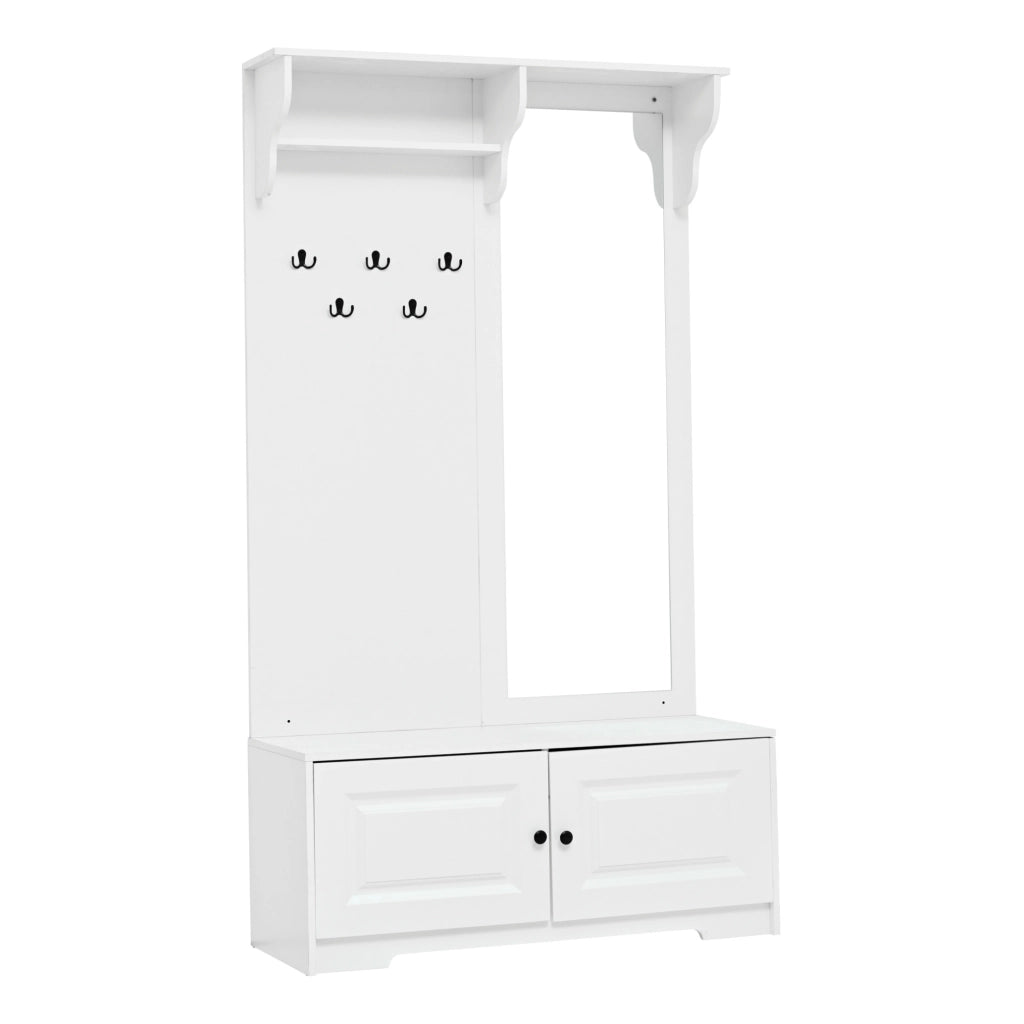 Mobile da ingresso 100x40x180 cm con specchio, 5 ganci e 2 armadietti in MDF bianco