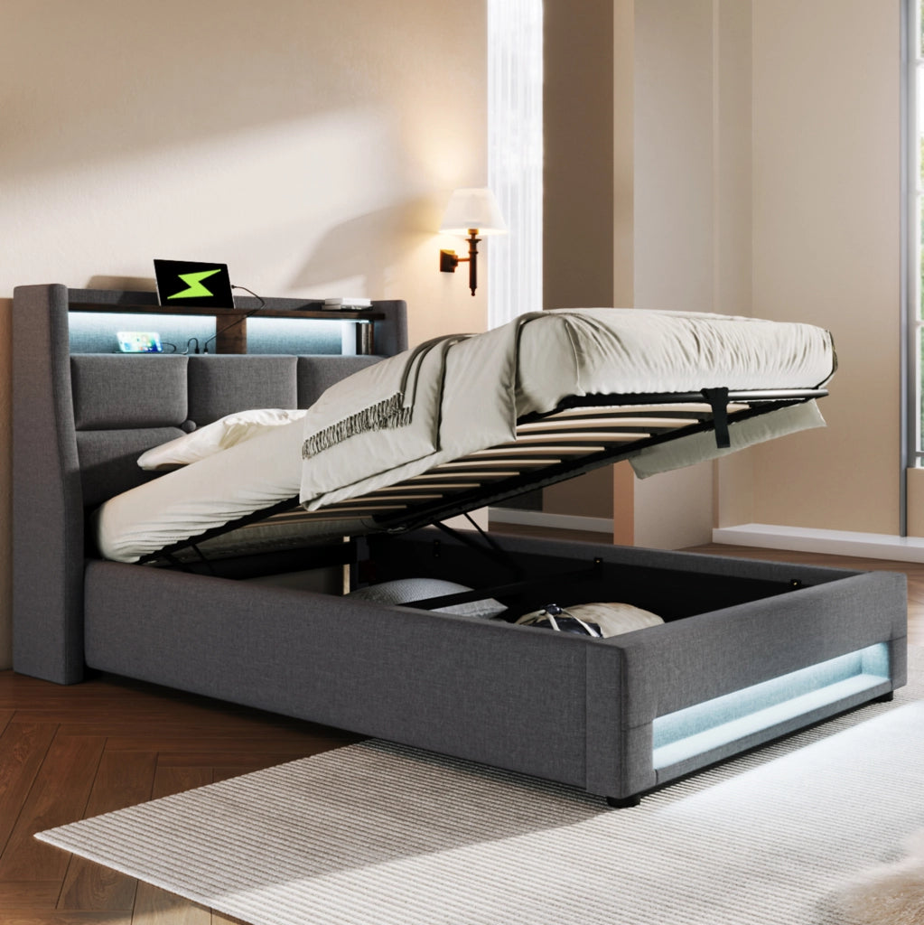 Letto imbottito grigio 90 x 200 cm con LED, USB e vano contenitore