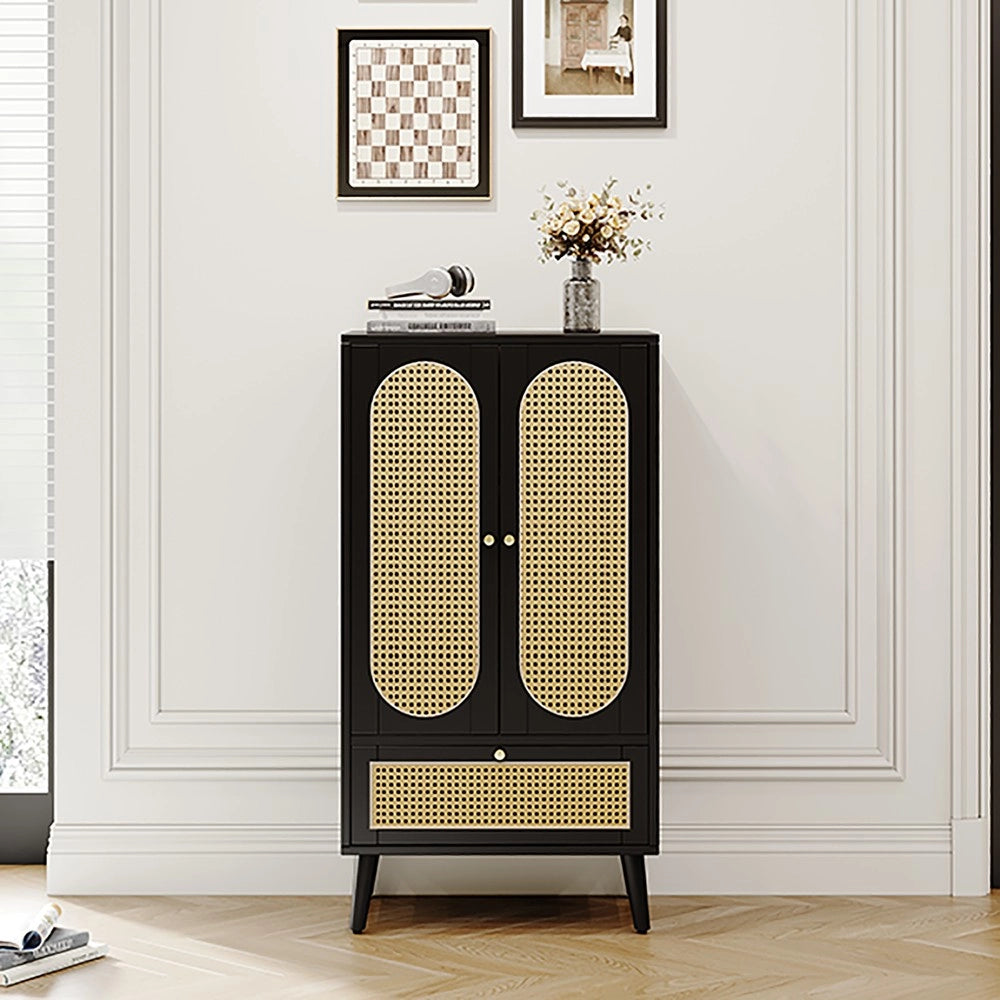 Consolle salvaspazio ¨C Minimal ¨C nero design rattan 110x40x120 cm 2 ante 1 cassetto