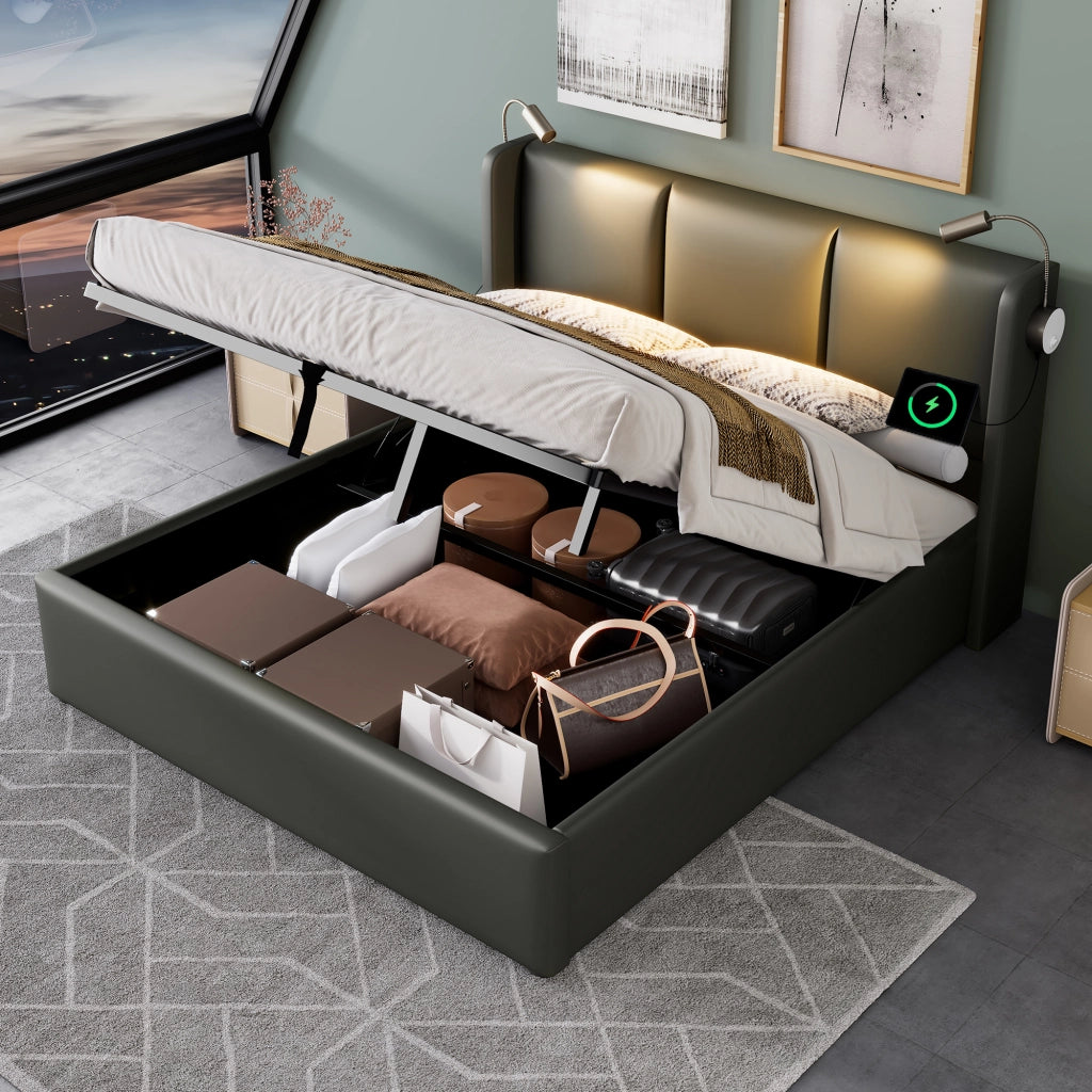 Letto matrimoniale contenitore 160x200 con luce di lettura e USB; letto imbottito in ecopelle grigia