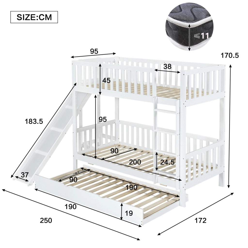 Letto a castello per bambini bianco con letto estraibile, scivolo, scala a 4 gradini e mensole, 90x200/90x190 cm, in pino e MDF