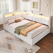Letto contenitore 140 x 200 cm con contenitore idraulico, LED e USB-A/Type-C, letto imbottito in velluto bianco crema con vani laterali reversibili