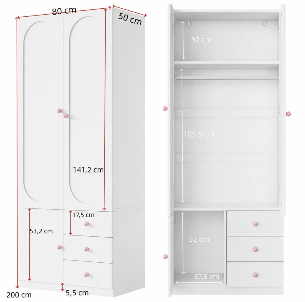 Armadio per bambini bianco con 2 porte, 3 cassetti, pomelli in ceramica rosa, 80×50×200 cm