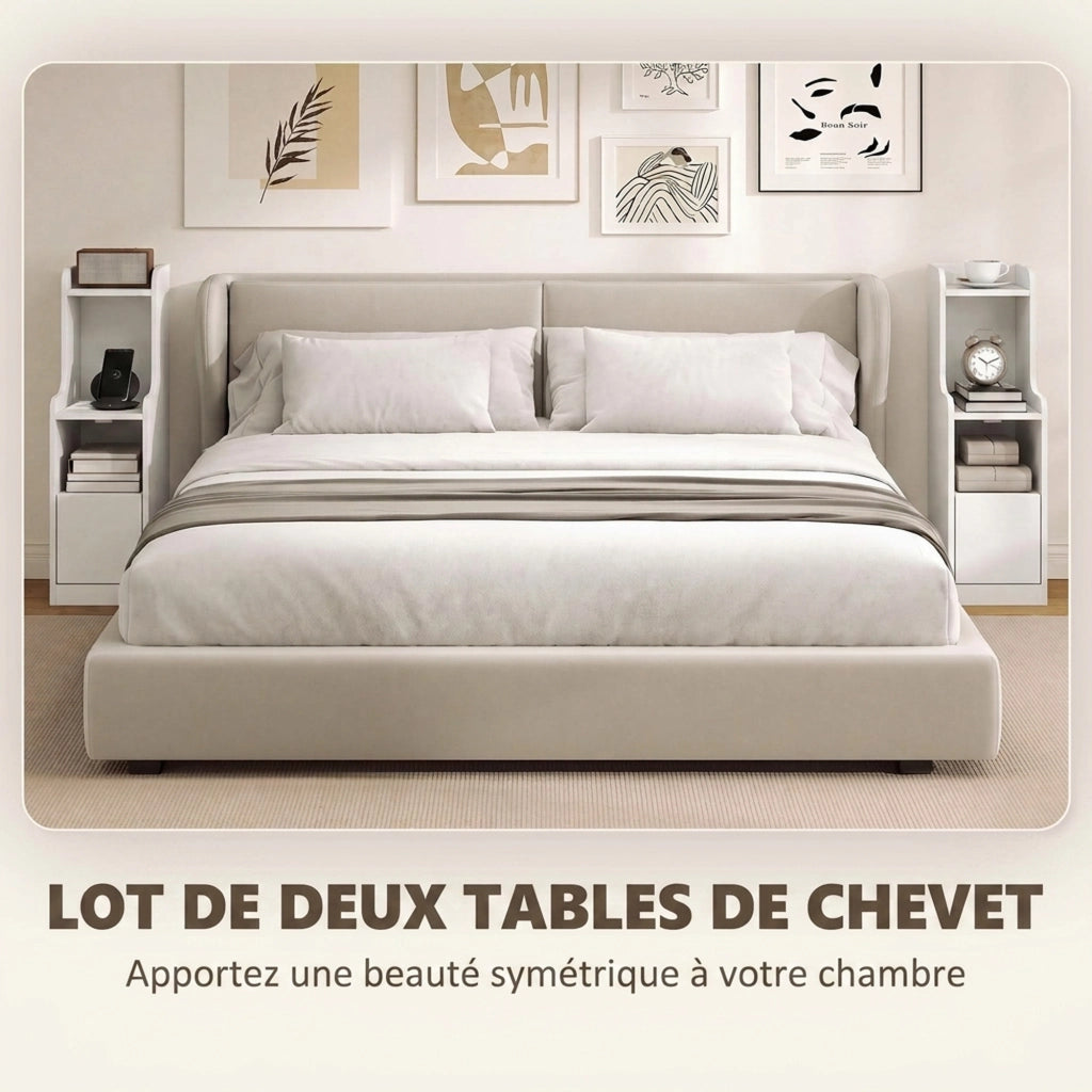 Lot de 2 Tables de Chevet avec Station de Charge, Tables de Nuit Modernes avec Tiroir, Étagères Ouvertes, Blanc