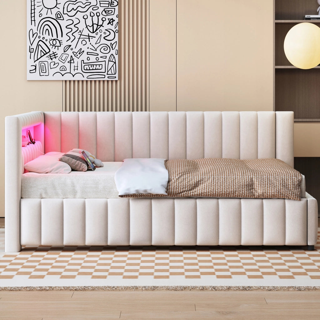 Letto imbottito con LED e USB - Xylo - 140x200 - Beige
