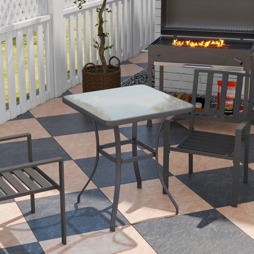 Tavolo Bistro Quadrato da Giardino 68L x 68l x 84H cm in Metallo Grigio con Piano in Vetro Temperato Robusto
