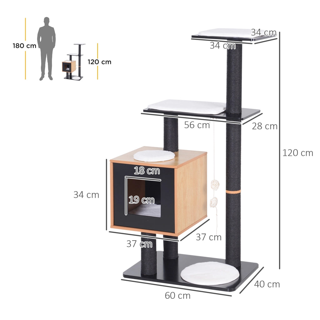 Albero tiragraffi per gatti centro attività in MDF e sisal con cuccia e piattaforme design moderno 71,5x49,5x120 cm nero e faggio