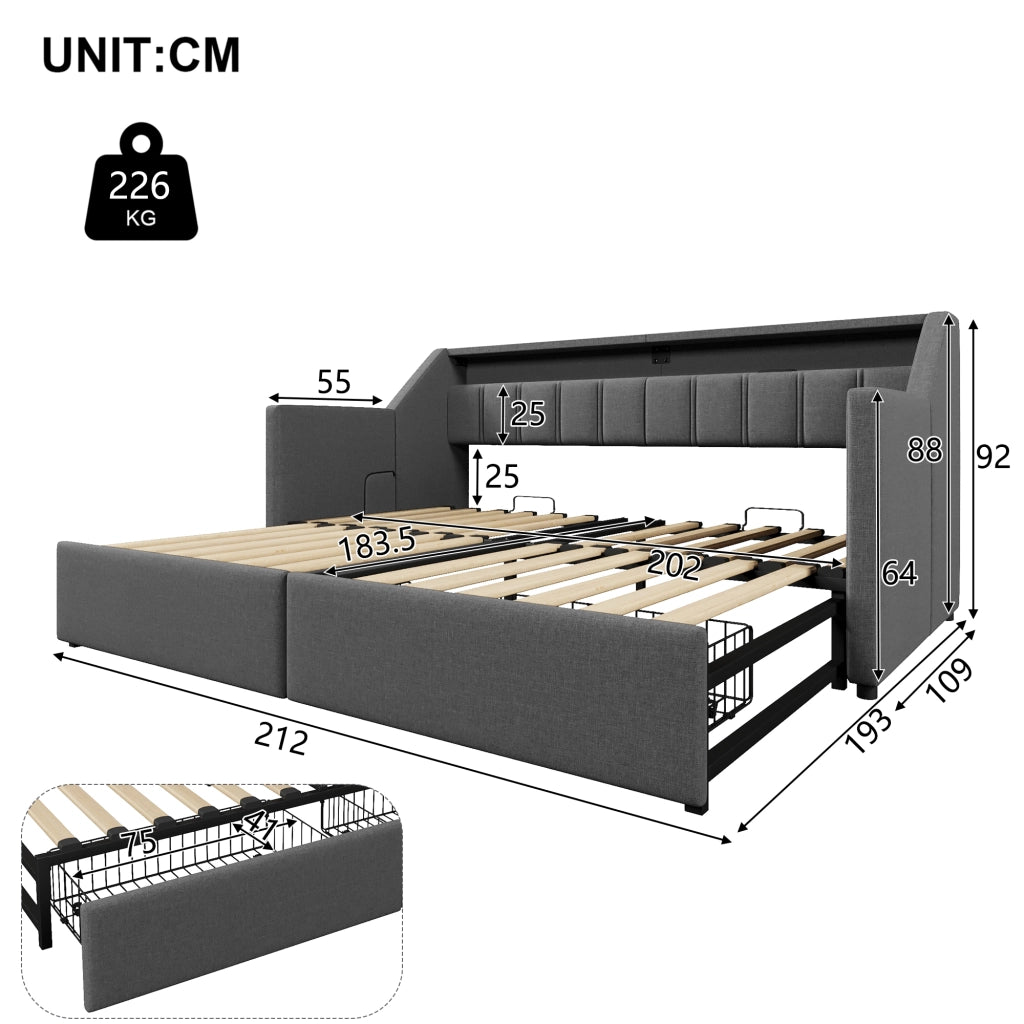 Divano letto estraibile 140 x 200 cm; 3 cassetti; luci LED; prese USB e USB C; truciolare e MDF; bianco