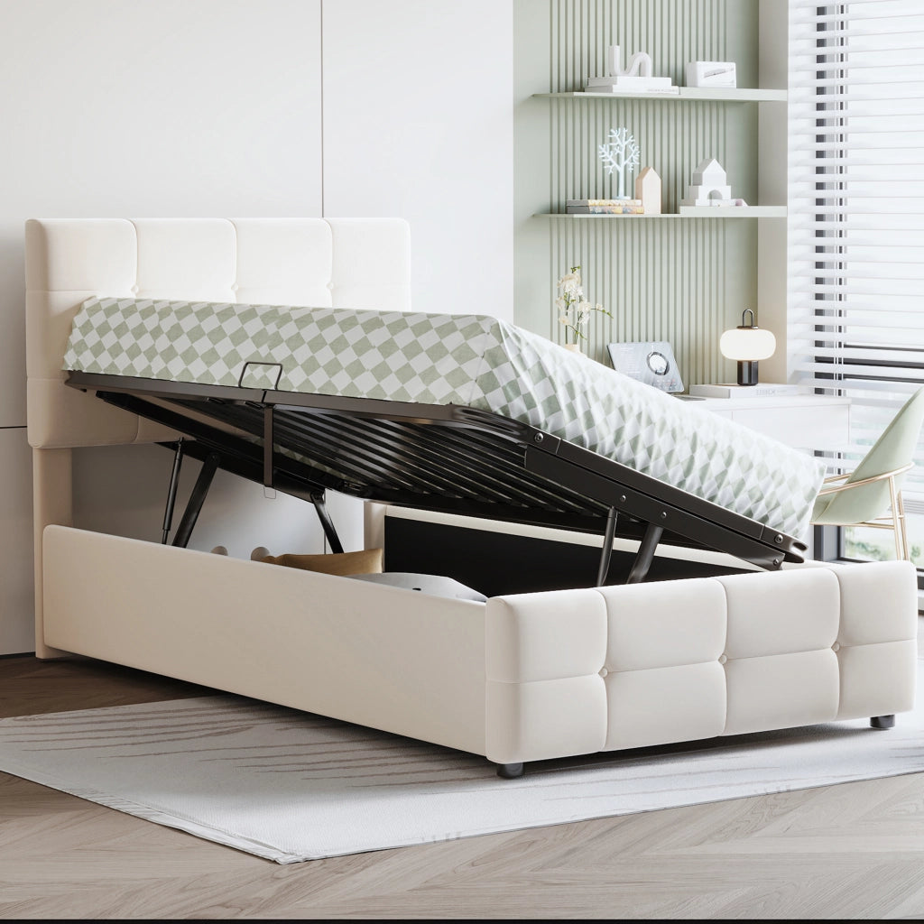 Letto singolo 90x200 in velluto beige con contenitore idraulico e testiera regolabile