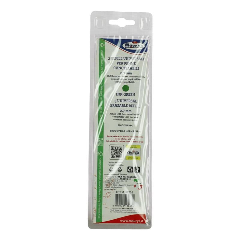 MAURY'S 3 PEZZI RICARICA PENNA VERDE CANCELLABILE PUNTA 0,7 MM