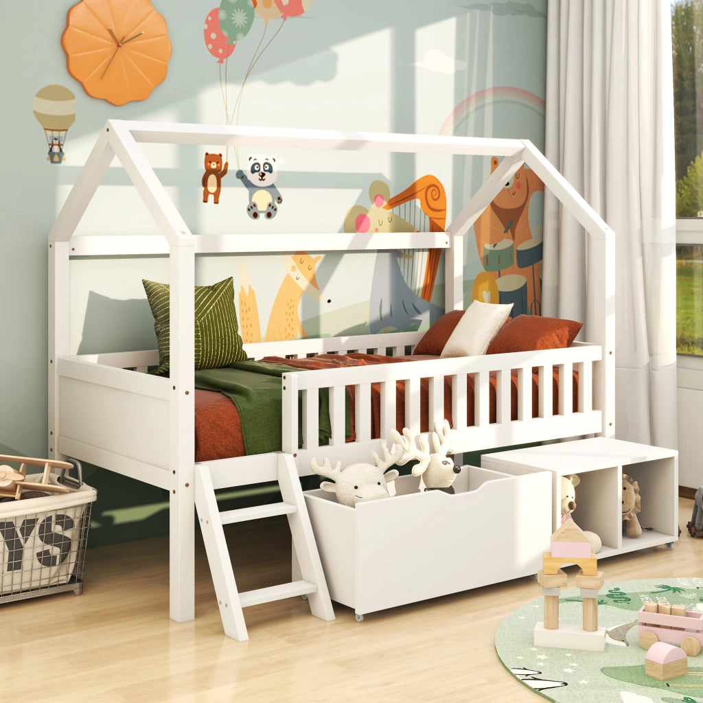 LETTO a casetta 90x200 cm in legno massello bianco con scala e cassetti