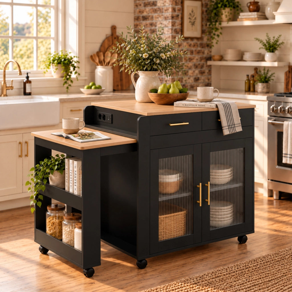 Isola cucina con tavolo estraibile 116-177 cm e prese USB; nera HOMVRA