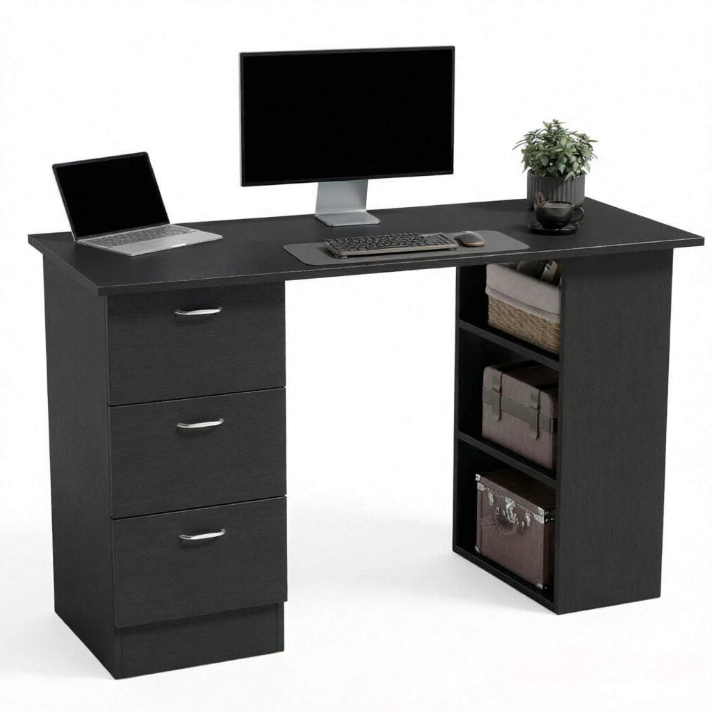 Scrivania per computer 120 × 49 cm con 3 ripiani e 3 cassetti reversibili per ufficio in MDF effetto legno nera
