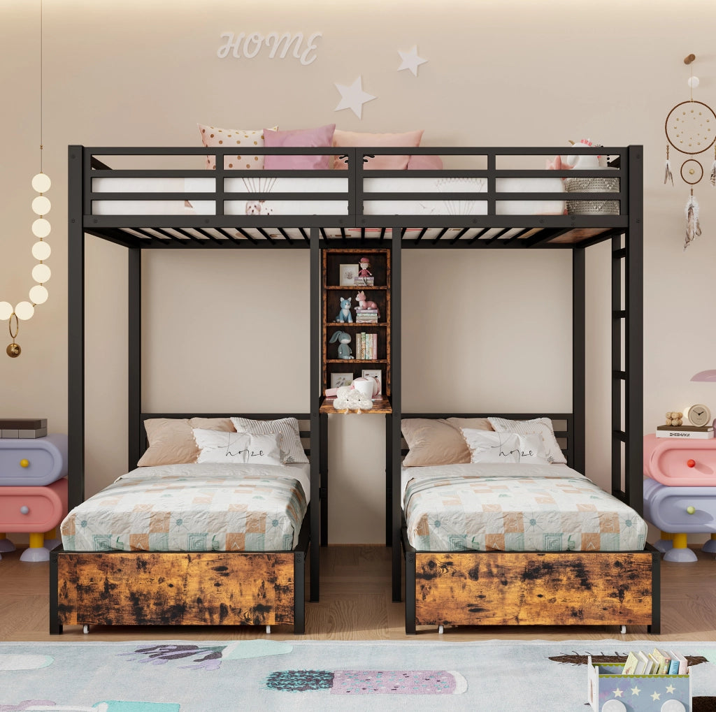 Letto a castello triplo 140x200 e 90x200 cm con cassetti e ripiani in MDF e metallo nero