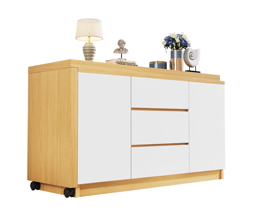 Scrivania con piano girevole a 360° ruote bloccabili 2 ante 3 cassetti in truciolare rovere bianco 120 × 50 × 76.5 cm