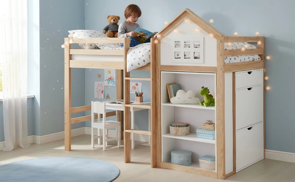 Letto a soppalco per bambini 90x200 cm a casetta; pino e MDF; bianco e legno naturale; cassetti e protezioni